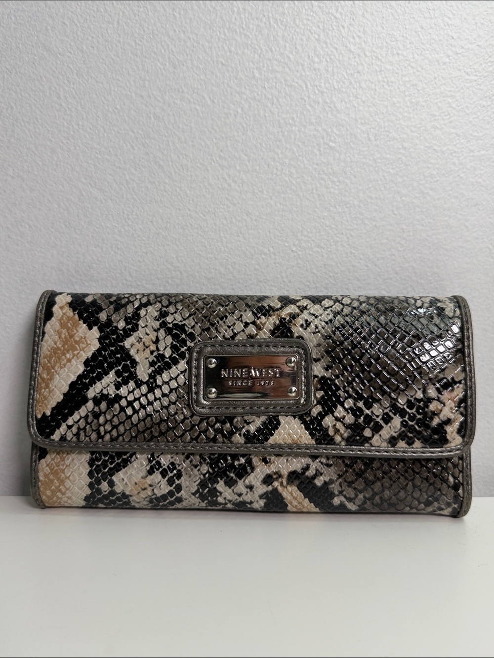 Nine West Glossy Snake-Print Foldover Wallet - Black, Cream, Tan